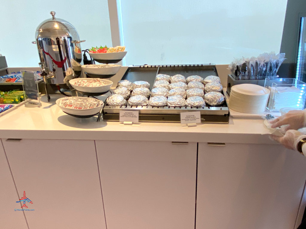 Hot breakfast sandwiches are seen inside the Delta Sky Club “satellite” annex airport lounge inside Terminal 2 (T2) at Los Angeles International Airport (LAX) in Los Angeles, CA.