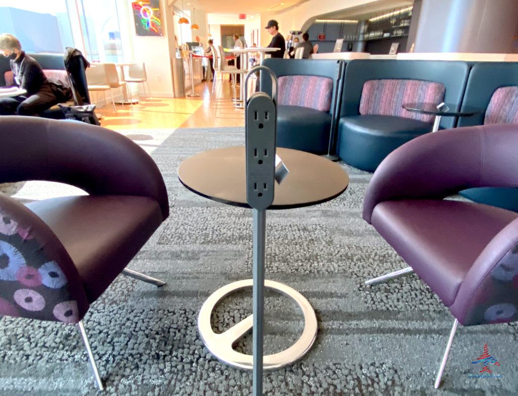 A tower of power outlets is seen inside the Delta Sky Club “satellite” annex airport lounge inside Terminal 2 (T2) at Los Angeles International Airport (LAX) in Los Angeles, CA.