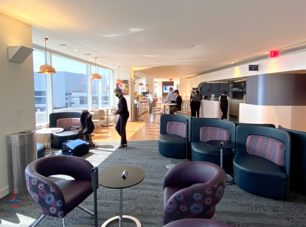Guests and seating options are seen inside the Delta Sky Club “satellite” annex airport lounge inside Terminal 2 (T2) at Los Angeles International Airport (LAX) in Los Angeles, CA.