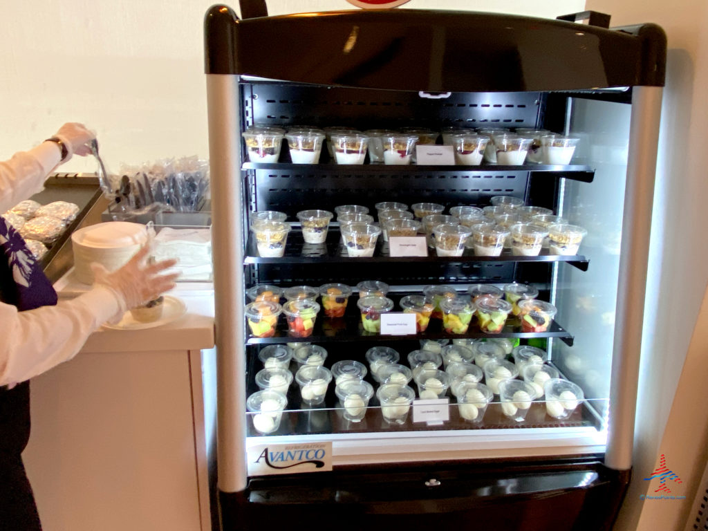 Yogurt, fruit, and parfaits are seen inside the Delta Sky Club “satellite” annex airport lounge inside Terminal 2 (T2) at Los Angeles International Airport (LAX) in Los Angeles, CA.