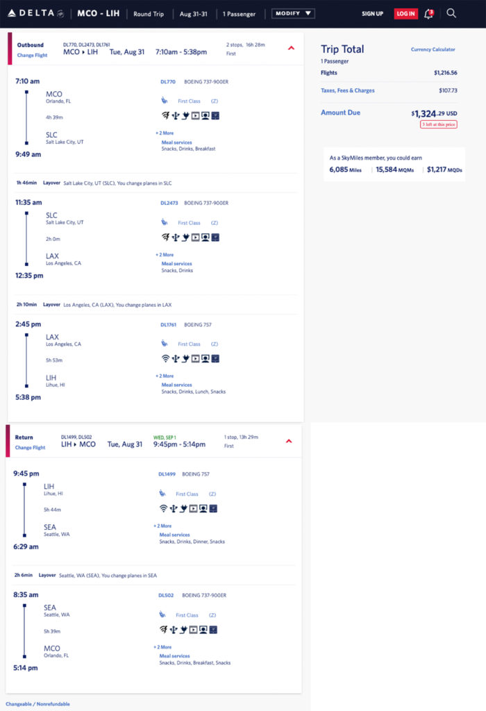 Delta mileage run from Orlando (MCO) to Lihue (LIH) -- first class.