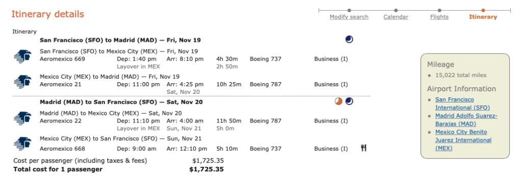 San Francisco to Madrid AeroMexico mileage run in November 2021.