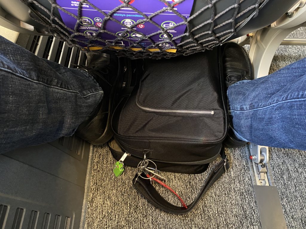 A passenger's cramped legroom is during Avelo Airlines' first passenger flight, XP101. The trip traveled from Hollywood Burbank Airport in Burbank, California (BUR) to Charles M. Schulz–Sonoma County Airport in Santa Rosa, California (STS) on Wednesday, April 28, 2021.