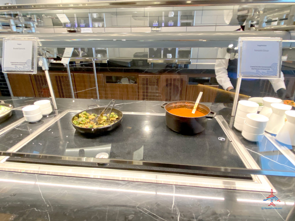Brussels sprouts and tomato soup are seen on the buffet inside the dining area during a visit to American Express’ The Centurion Lounge - Las Vegas airport club lounge at Las Vegas International Airport (LAS) in Las Vegas, Nevada.