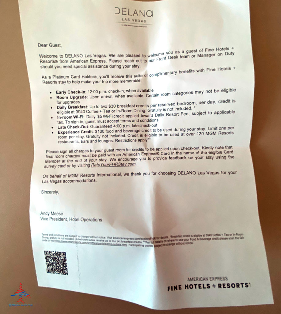 An American Express Fine Hotels & Resorts welcome letter for Delano Las Vegas, an MGM Resorts hotel part of the Mandalay Bay Resort Casino complex near the Las Vegas Strip in Paradise, Nevada.