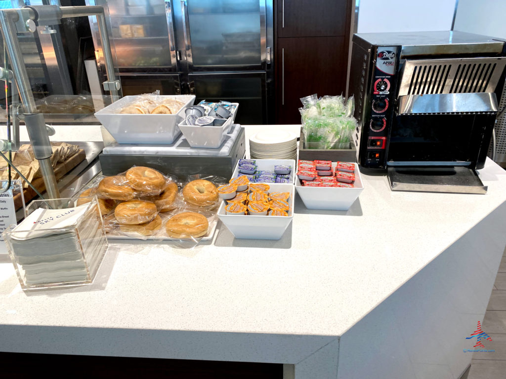 Bagels and English muffins are seen on the breakfast buffet during a visit the Delta Sky Club (F/G gates) in the Minneapolis-St. Paul International Airport (MSP) in Bloomington, Minnesota.