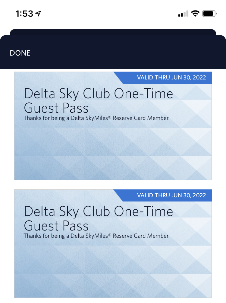 Delta SkyMiles® Reserve American Express Card Sky Club guest passes in the Fly Delta app's "My Wallet."