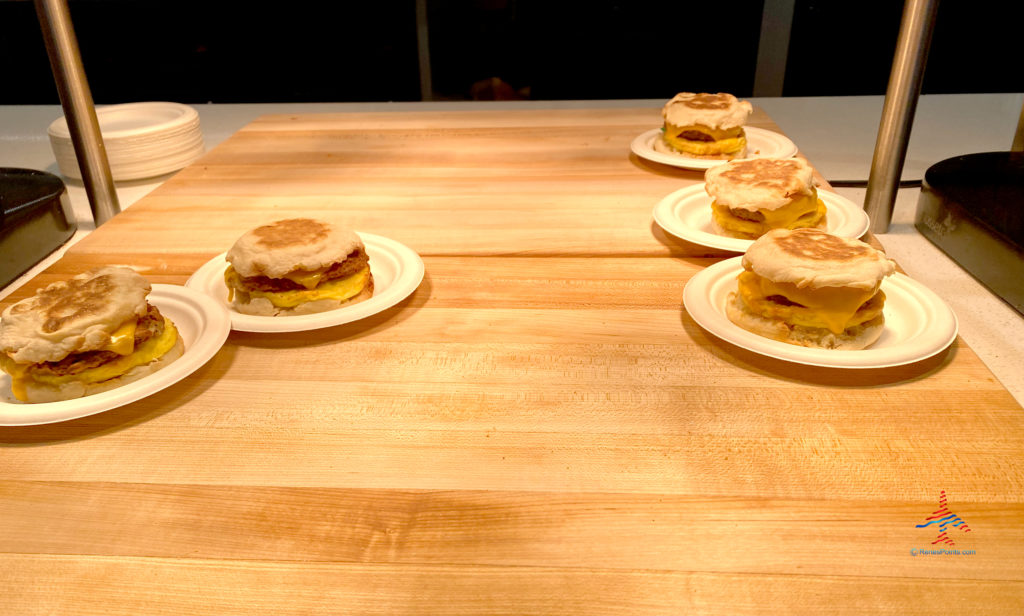 Sausage and egg sandwiches are seen on the breakfast buffet during a visit the Delta Sky Club (F/G gates) in the Minneapolis-St. Paul International Airport (MSP) in Bloomington, Minnesota.