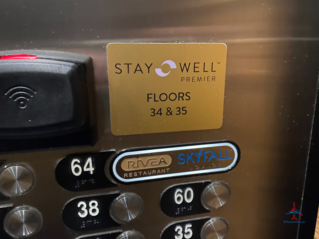 An elevator placard indicates Stay Well floors (34 and 35) at Delano Las Vegas, part of the Mandalay Bay Resort Casino complex near the Las Vegas Strip in Paradise, Nevada.