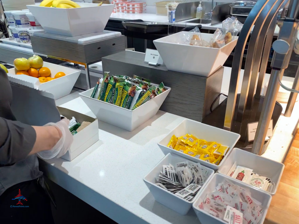 Croissants, fruit, and granola bars are seen on the breakfast buffet during a visit the Delta Sky Club (F/G gates) in the Minneapolis-St. Paul International Airport (MSP) in Bloomington, Minnesota.