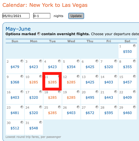 New York JFK to Las Vegas Delta mileage run dates in May 2021.