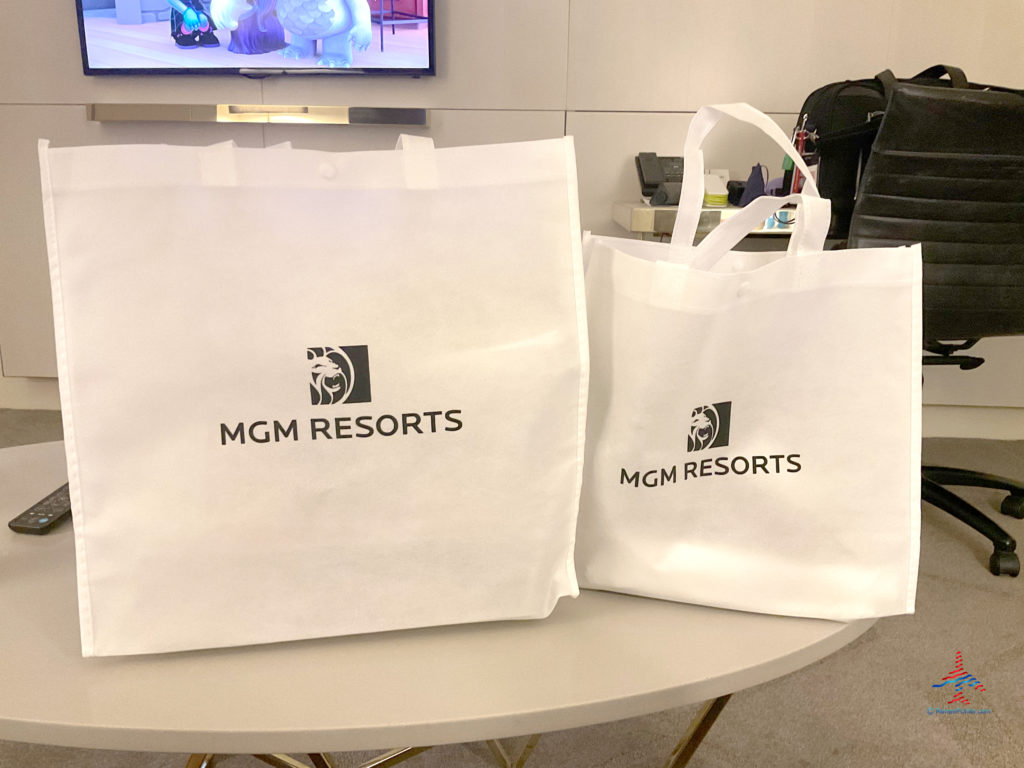 MGM Resorts-branded bags are used to deliver in-room dining/room service to a Delano Stay Well Suite at Delano Las Vegas, an MGM Resorts hotel part of the Mandalay Bay Resort Casino complex near the Las Vegas Strip in Paradise, Nevada.