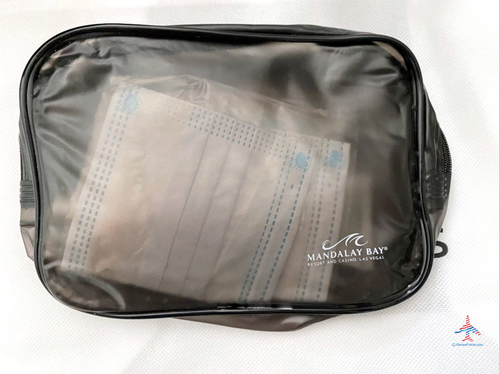 A Mandalay Bay-branded kit with hand sanitizer and surgical mask was provided during stay at a Delano Stay Well Suite at Delano Las Vegas, an MGM Resorts hotel part of the Mandalay Bay Resort Casino complex near the Las Vegas Strip in Paradise, Nevada.