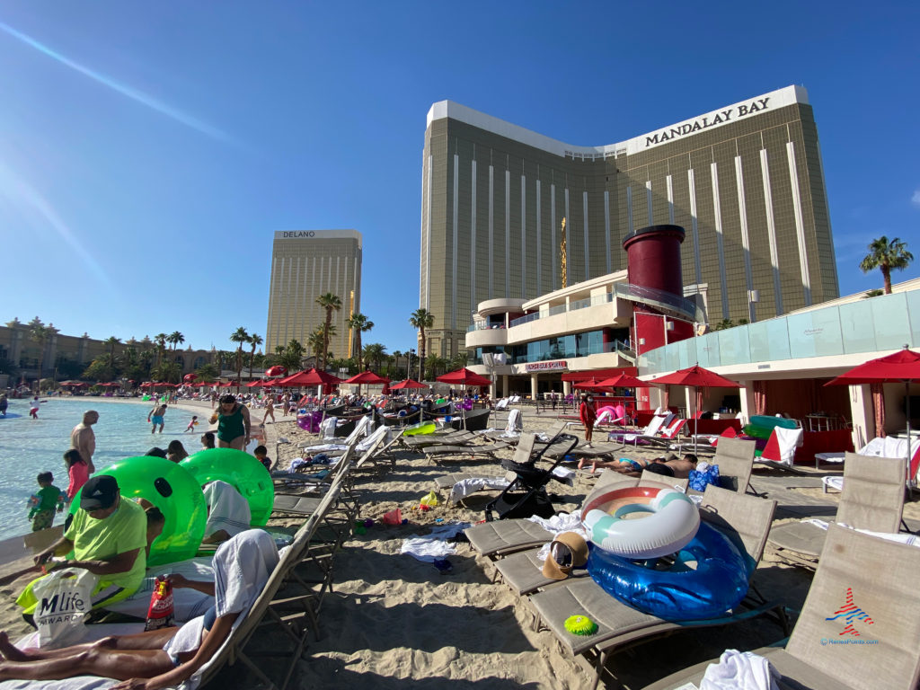 The Delano and Mandalay Bay hotel towers are seen from Mandalay Beach, an MGM Resorts property part of the Mandalay Bay Resort Casino complex near the Las Vegas Strip in Paradise, Nevada.