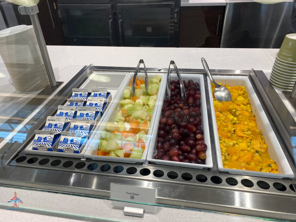Fruit salad and milk are seen on the breakfast buffet during a visit the Delta Sky Club (F/G gates) in the Minneapolis-St. Paul International Airport (MSP) in Bloomington, Minnesota.