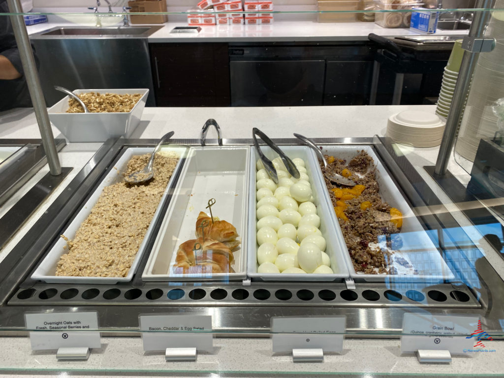 Hard-boiled eggs, granola, croissants, and grains are seen on the breakfast buffet during a visit the Delta Sky Club (F/G gates) in the Minneapolis-St. Paul International Airport (MSP) in Bloomington, Minnesota.