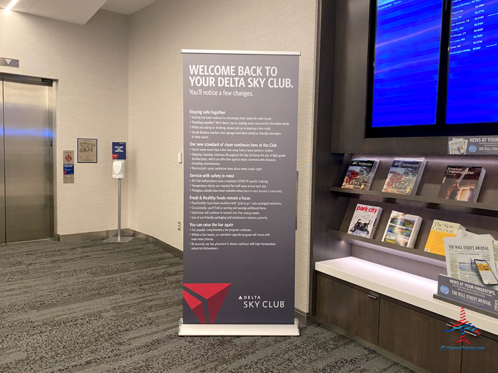 A banner outlining COVID-19 policies welcomes guests to the Delta Sky Club Salt Lake City inside Terminal A at Salt Lake City International Airport (SLC). (Photo ©RenesPoints.com)