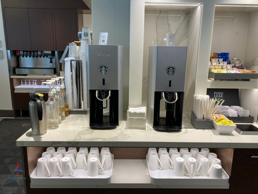 Starbucks coffee and sodas are seen on the breakfast buffet during a visit the Delta Sky Club (F/G gates) in the Minneapolis-St. Paul International Airport (MSP) in Bloomington, Minnesota.