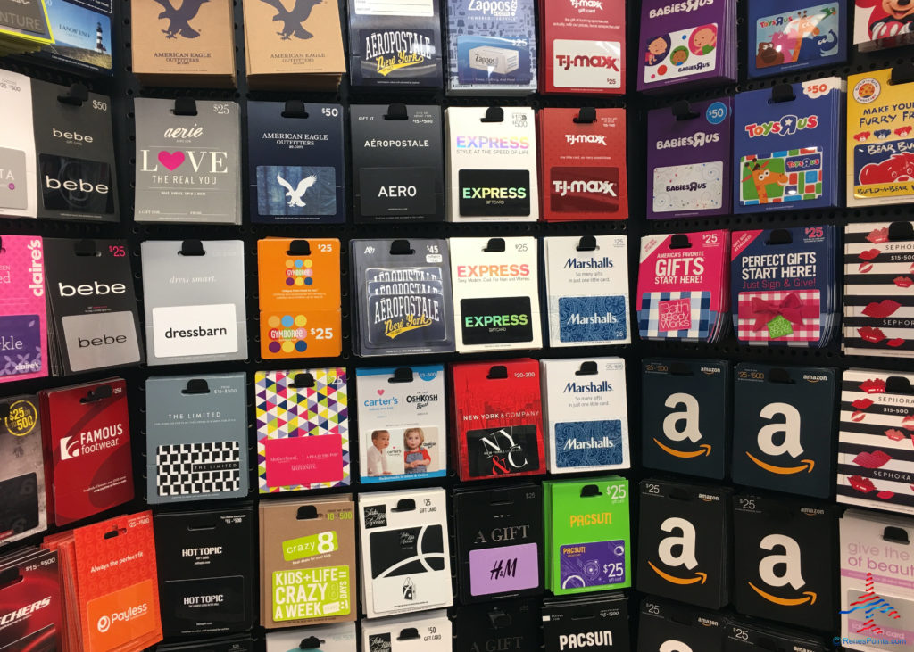 Merchant gift cards are seen available for sale on a store's rack