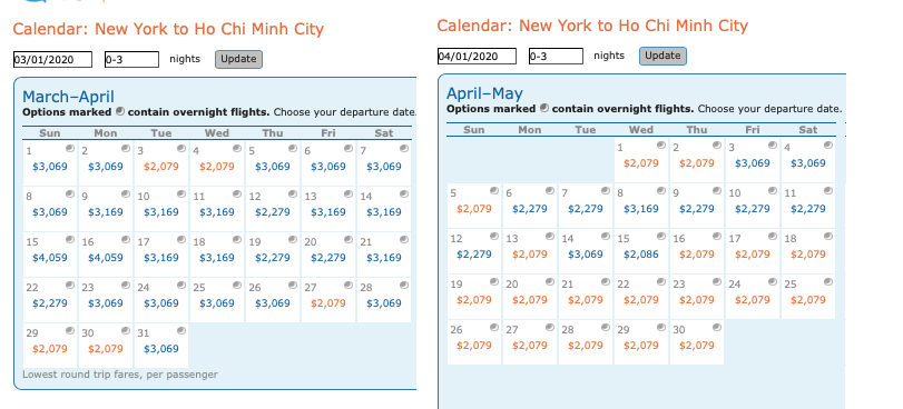 JFK to Ho Chi Minh City (SGN) business class mileage run calendar.