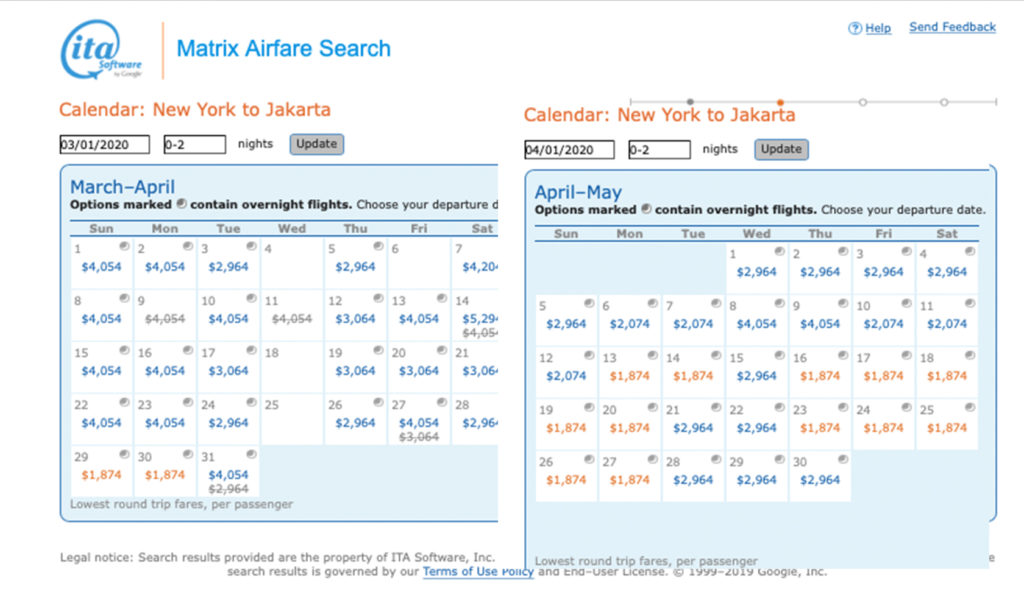 Dates for a JFK to Jakarta mileage run on China Eastern. Click for a larger size.