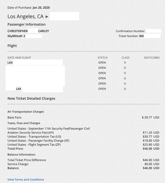 Cash balance receipt for a Delta Air Lines Pay with Miles ticket.